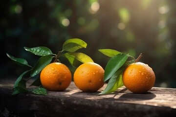 Fresh, juicy oranges harvest on an outdoor table against the backdrop of a sunny day and an orange orchard farm. Essence of ripe, sun-kissed citrus fruits in a picturesque agricultural setting.