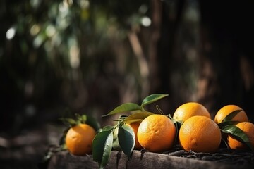 Fresh, juicy oranges harvest on an outdoor table against the backdrop of a sunny day and an orange orchard farm. Essence of ripe, sun-kissed citrus fruits in a picturesque agricultural setting.