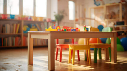 Fototapeta na wymiar Playful Learning- An Empty Table in the Forefront of a Blurred Preschool Setting. generative ai.