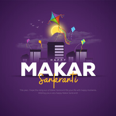 Indian festival Happy Makar Sankranti poster design with kites flying cloudy sky. abstract vector illustration design. - obrazy, fototapety, plakaty