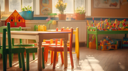 Playful Learning- An Empty Table in the Forefront of a Blurred Preschool Setting. generative ai.