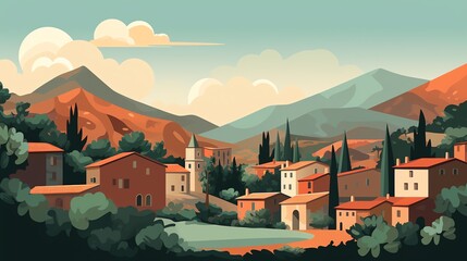 a cartoon of a village in the mountains - obrazy, fototapety, plakaty