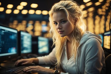 A blonde hacker woman works at a computer in an office with a lot of modern equipment and...