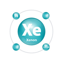 Icon structure Xenon (Xe) chemical element round shape circle dark green with surround ring Number shows of energy levels of electron. Study science for education 3D Illustration vector.