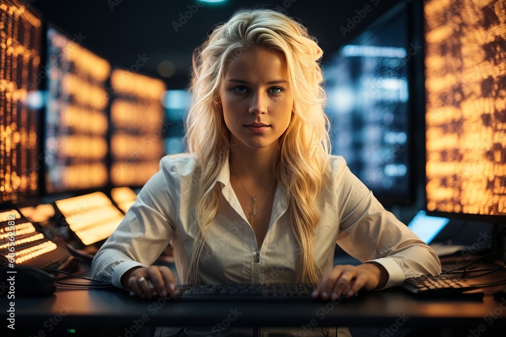 Poster a blonde hacker woman works at a computer in an office with a lot of modern equipment and technologi
