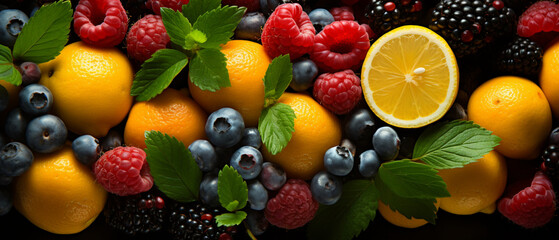 Frischer Früchte-Mix: Bunter Hintergrund mit Orangen, Beeren und Minze - obrazy, fototapety, plakaty