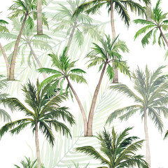 Watercolor seamless pattern with palm trees. Tropical print with exotic trees, green coconut trees. Design and decoration of fabric, textiles, stationery. Theme of relaxation, beach, vacation.