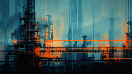 Industrial abstracts in cyan and orange.
