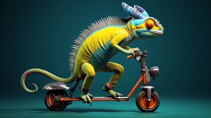 a chameleon riding a scooter