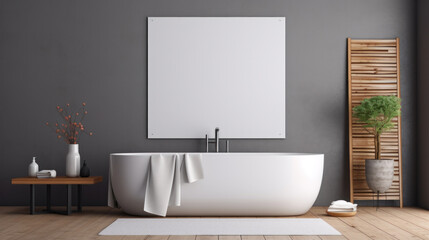 minimalist bathroom interior, concrete floor and gray and beige walls, bathroom cabinet, bathtub.