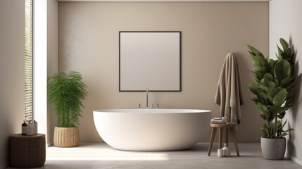 minimalist bathroom interior, concrete floor and gray and beige walls, bathroom cabinet, bathtub.