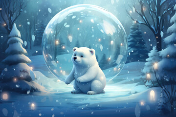 Cartoon cute polar bear in the snow, in the winter forest. Space for text - obrazy, fototapety, plakaty