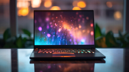 A laptop with RGB colored keyboard on a glazed wooden desk with a view towards the city.