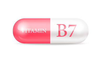 Capsule vitamin B7 (Thiamine) structure pink red, white. 3D Vitamin complex with chemical formula. Drug business concept. Personal care, beauty concept. Vector Illustration. transparent capsule pill.	
