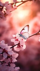 Beautiful pink butterfly sitting on the white blossom cherry tree. AI generated image