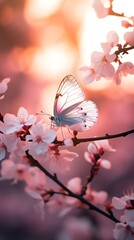 Beautiful pink butterfly sitting on the white blossom cherry tree. AI generated image