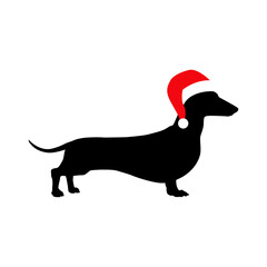 Tiempo de Navidad. Logo pet friendly. Silueta de perro Dachshund con sombrero de Santa Claus en espacio negativo para su uso en tarjetas y felicitaciones