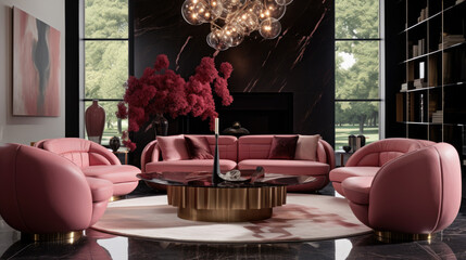 Pink velvet sofa in a luxurious living room interior with molding on pink walls and retro design