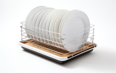 a dish drying rack with plates - Powered by Adobe