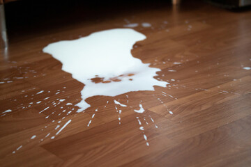 Spilled milk on the floor. White spot of liquid with splashes. Healthy beverage dropped by accident
