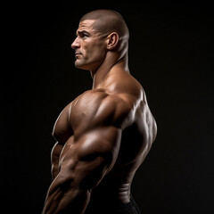 Fototapeta premium Portrait of a bodybuilder, muscular handsome shaved, 30 years old, with emphasis on head and arms, side view