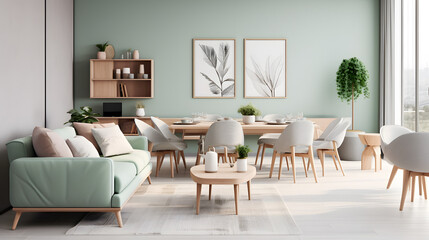 Stylish scandinavian living room with design mint sofa, furnitures, mock up poster map, plants and elegant personal accessories. Modern home decor. Open space with dining room. generative ai.
