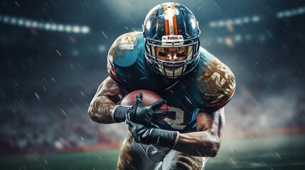 american football sportman player on stadium running in action, AI Generative - obrazy, fototapety, plakaty