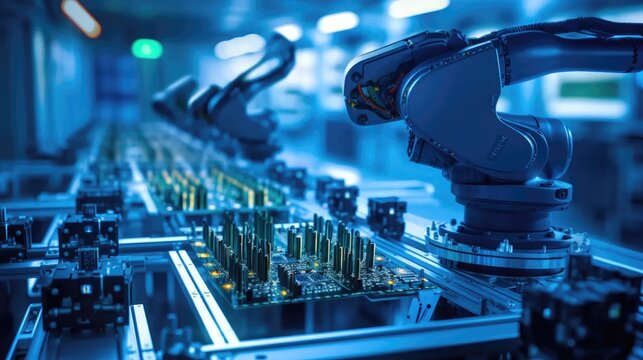 Robot arm in futuristic electronics factory. Precision assembly line for cutting-edge devices. Automated PCB manufacturing with advanced technology.