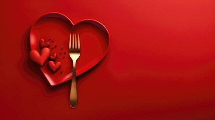 plate in shape of heart, table knife and fork on red valentine's day