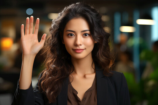 Portrait of a confident Asian businesswoman raising her hand to volunteer and smiling looking at the camera in the office. The concept of strong women showing leadership. International Women's Day. 8 
