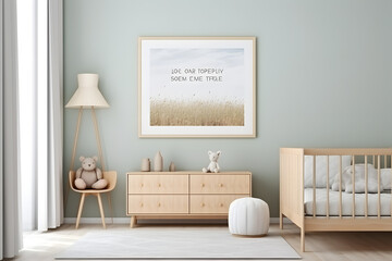 Mock up frame in children room with natural wooden furniture 3d rendering. generative ai. - obrazy, fototapety, plakaty