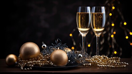 A sophisticated New Year setting of champagne flutes and golden baubles, arranged on a silky...