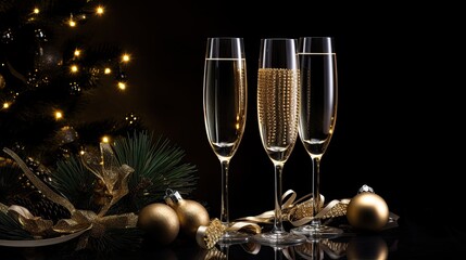 A sophisticated New Year setting of champagne flutes and golden baubles, arranged on a silky...