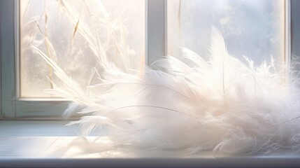 A tranquil New Year's morning scene with frosted window patterns and delicate white feathers, placed on a soft sky-blue background. 