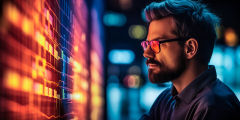 Thoughtful Bearded Businessman in Glasses Interacting with Futuristic Digital Data Analysis Projection