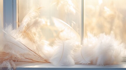 A tranquil New Year's morning scene with frosted window patterns and delicate white feathers, placed on a soft sky-blue background. 