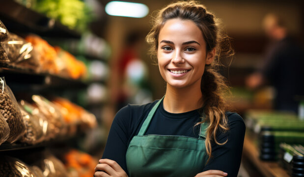 Confident Female Grocer Smiling in Apron Arms Crossed in Organic Grocery Store, Fresh Produce on Shelves in Background - Powered by Adobe