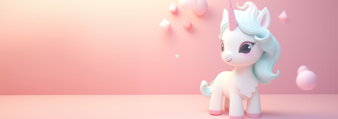 Banner Cute unicorn pastel colored background. Magic fairy tale character unicorn 3d illustration for girls. Magic fairy tale unicorn print for clothes, stationery, books, goods. Toy Unicorn 