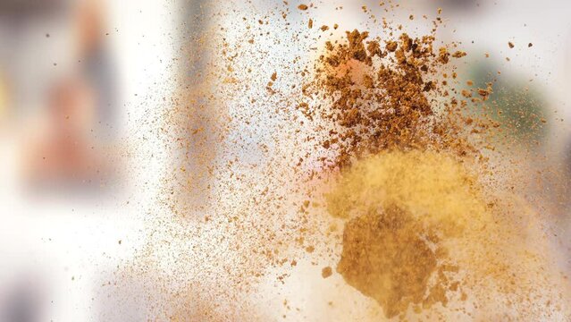 Cacao and  cinnamon explodes closeup in super slow motion 1000fps