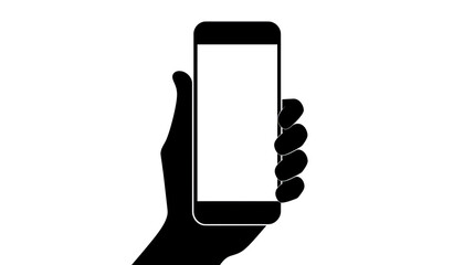 Black hand holding mobile phone with white blank screen. Black and white illustration of smart device in vertical position. 
