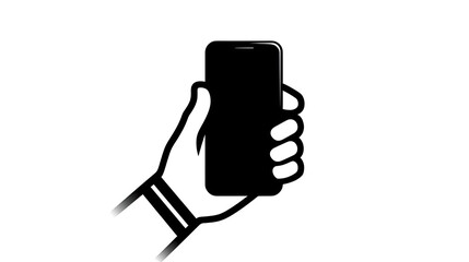 Hand holding mobile phone with black blank screen. Black and white thick line illustration of smart device in vertical position. 