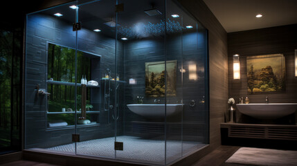 Bathroom in a modern style with gray tiled walls. There is shower with a glass partition, wooden stand with black sink and a faucet, large mirror, luminous lamps. Horizontal.