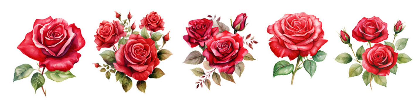 Set of Watercolor floral bouquet composition with red roses Isolated cutout on transparent background