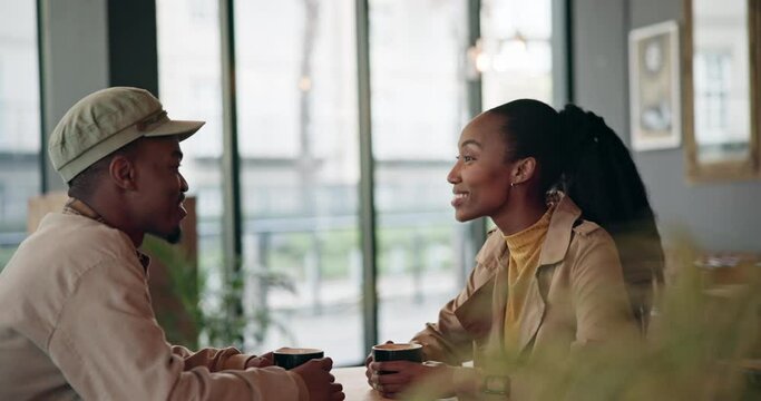 Couple, tea and happy with communication at cafe, restaurant or diner for bond, care or love. Black people, man and woman with coffee on a weekend for break, conversation and talking for quality time