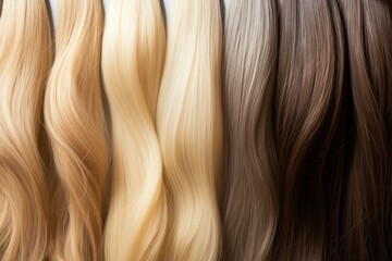 strands of natural, healthy, unpainted, long hair of various natural colors.