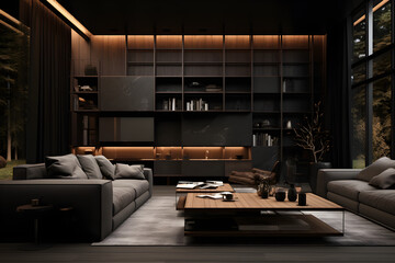 Modern dark home interior 3d rendering. generative ai.