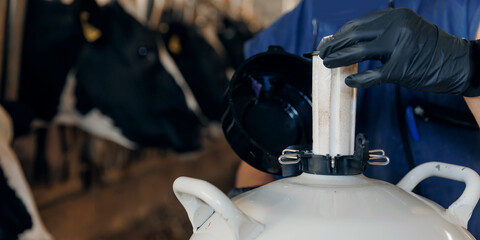 Tank liquid nitrogen with bull sperm, Concept banner artificial insemination of cows. Veterinary of...