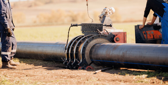 PE pipe welding for connecting tube water supply for crop irrigation in agriculture business industry