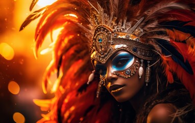 Samba dancer in a carnival mask and feathers.close up