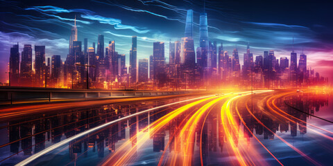 Obraz premium Futuristic urban nightscape with vibrant light trails from traffic in a modern city with skyscrapers and a dynamic sky